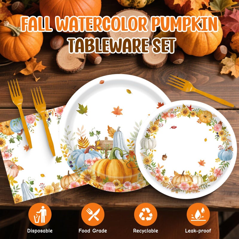 Teeloray 99 Pcs Fall Thanksgiving Plates and Napkins Party Supplies, Autumn Watercolor Pumpkin Leaves Disposable Tableware Set with Banner Tablecloth, Fall Decor Harvest Party Decorations for Table, Serves 24 - Image 3